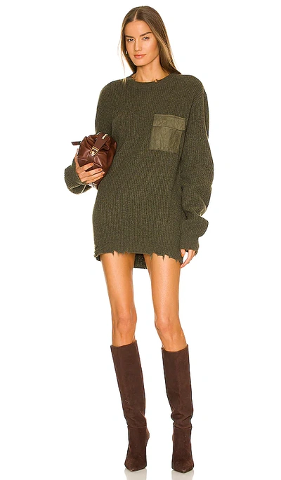 Ser.o.ya Devin Distressed Cotton Crewneck Sweater Dress In Olive