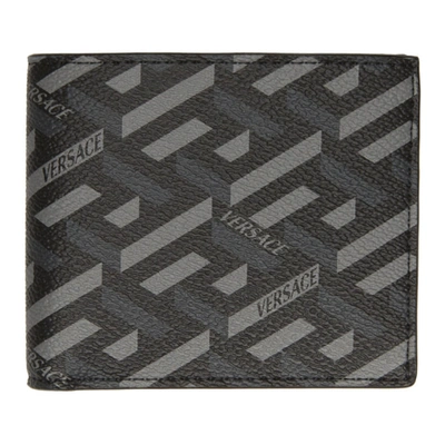 Versace Monogram涂层帆布钱包 In Black Grey