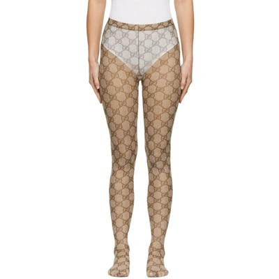 Gucci Beige & Brown Gg Tights In 9764 Beige/dark Brow