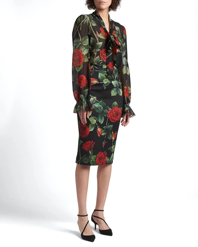 Dolce & Gabbana Rose-print Tie-neck Chiffon Blouse In Blkroseprt