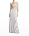 Halston Rose Shimmer Jersey Cutout Gown In Silver
