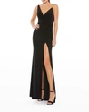 Mac Duggal Asymmetrical Pearl Strap V-neck Gown In Black