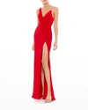 Mac Duggal Asymmetrical Pearl Strap V-neck Gown In Red