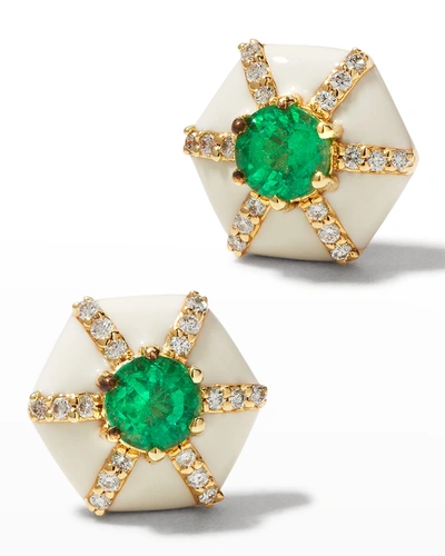 Goshwara 18k Yellow Gold Queen Round Emerald And Diamond Stud Earrings With White Enamel