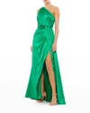 Ieena For Mac Duggal Gathered One Shoulder Satin Faux Wrap Gown In Emerald