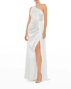 Ieena For Mac Duggal Gathered One Shoulder Satin Faux Wrap Gown In White