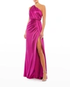 Ieena For Mac Duggal Gathered One Shoulder Satin Faux Wrap Gown In Berry