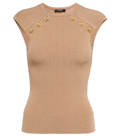 Balmain Button-embellished Sleeveless Stretch-woven Top In Sable