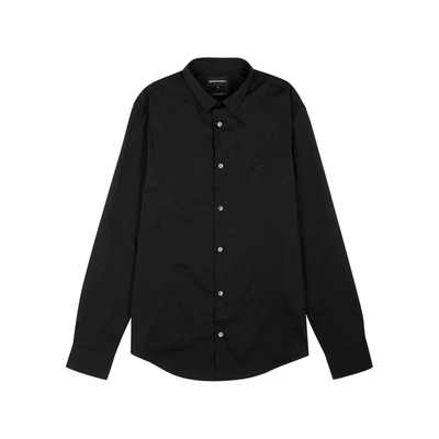 Emporio Armani Stretch Nylon-blend Shirt With Embroidered Eagle In Black