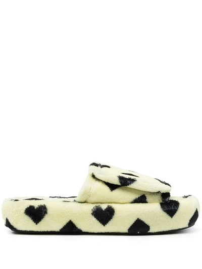 Natasha Zinko Volume Heart-print Cotton-terry Sliders In Beige Comb