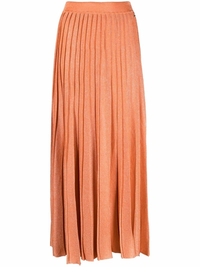 Patrizia Pepe Glitter Pleated Midi Skirt In Orange