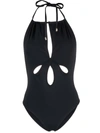 Self-portrait Cut-out Halterneck Stretch-recycled Polyamide Swimsuit In Black