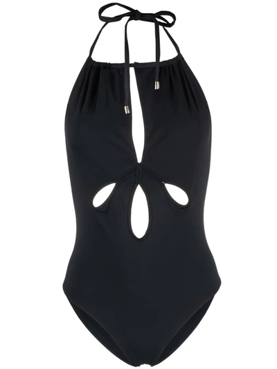 Self-portrait Cut-out Halterneck Stretch-recycled Polyamide Swimsuit In Black
