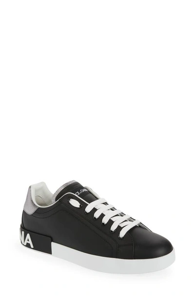 Dolce & Gabbana Sneaker Portofino In Pelle Nera E Argento In Black