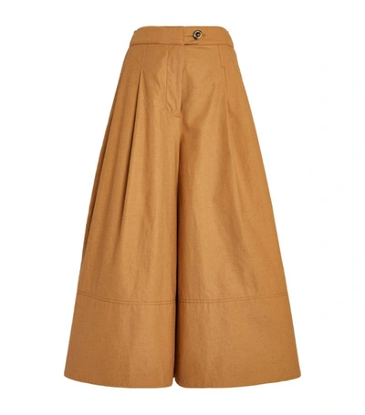 Zimmermann Postcard Pleated Cotton-twill Wide-leg Culottes In Light Olive