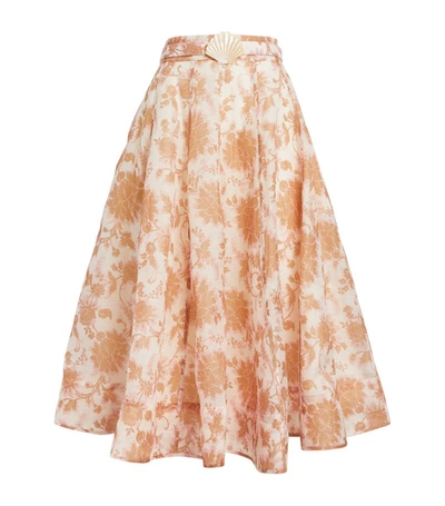 Zimmermann Postcard Belted Floral-print Linen And Silk-blend Midi Skirt In Light Brown