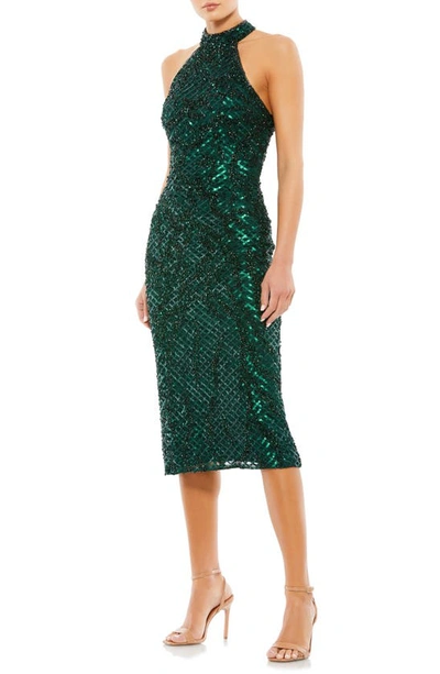 Mac Duggal Sequin Plaid Halter Neck Cocktail Dress In Emerald