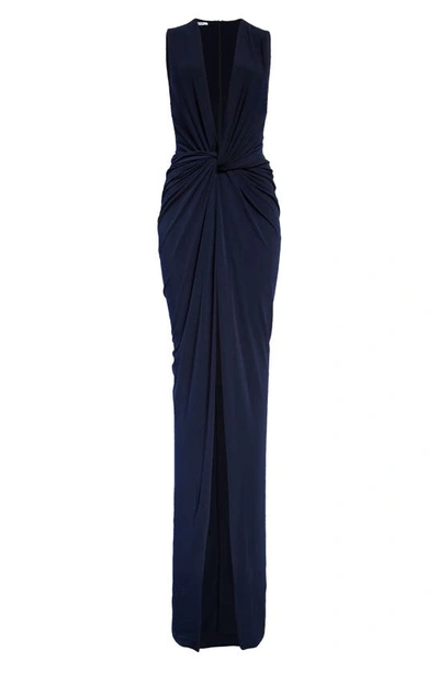 Laquan Smith Plunge Neck Twist Jersey Gown In Navy