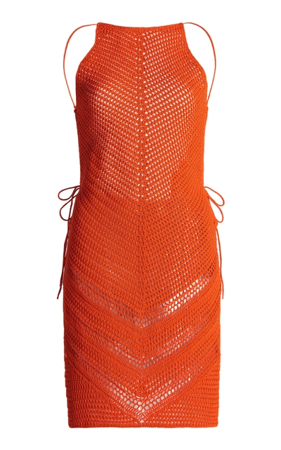 Bottega Veneta Crocheted Cotton-blend Halterneck Mini Dress In Orange