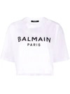 Balmain Logo Cotton Jersey Cropped T-shirt In White Black