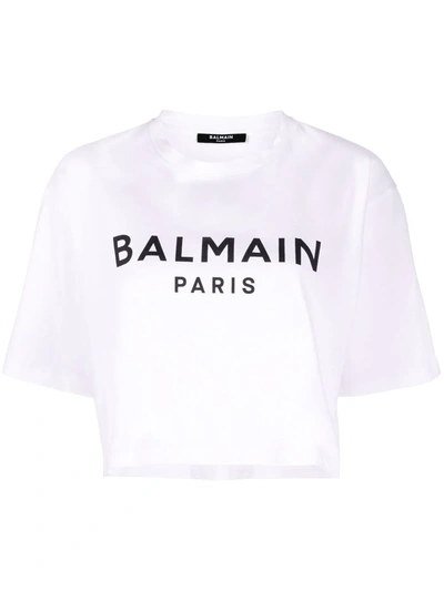 Balmain Logo Cotton Jersey Cropped T-shirt In White Black