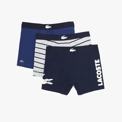 Lacoste Men's Croc Waist Stretch Cotton Boxer Briefs 3-pack In Blue
