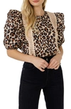 English Factory Leopard Print Ruffle Shoulder Cotton Top In Tan Multi