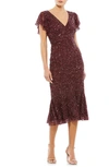 Mac Duggal Sequined V Neck Flutter Cap Sleeve Trumpet Dress In Garnet