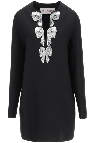 Valentino Crepe Couture Caftan Mini Dress With Bows Embroidery In Black