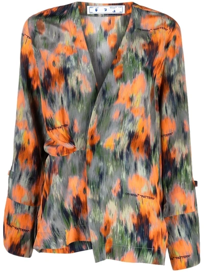 Off-white Graphic-print Silk Blouse In Green