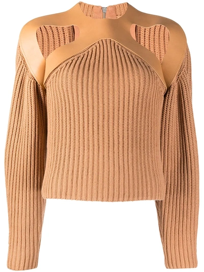 Dion Lee Womens Tan Vachetta Leather-trimmed Cotton-blend Knitted Jumper S In 褐色