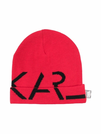 Karl Lagerfeld Intarsia-knit Logo-motif Beanie In Red