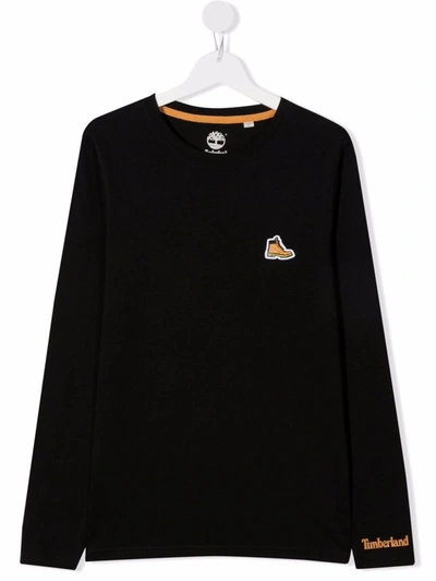 Timberland Teen Embroidered-logo Longsleeved Top In Black