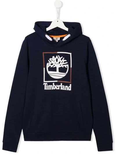 Timberland Teen Logo Print Hoodie In Blue