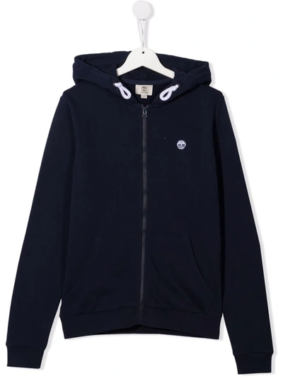 Timberland Teen Logo Embroidered Zip Hoodie In Blue
