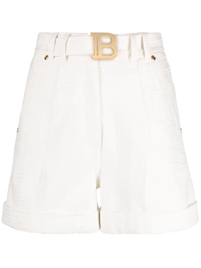 Balmain Logo-buckle Belted Shorts White