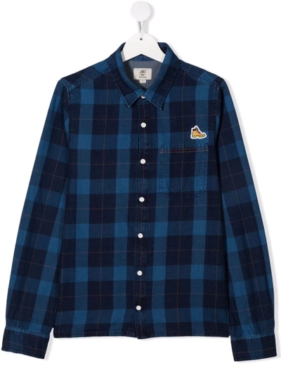 Timberland Teen Checked Boot-patch Shirt In Blue