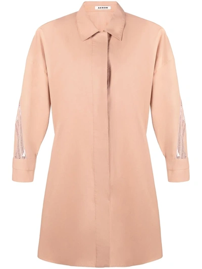 Aeron Licenie Longsleeve Shirt Dress With Lace Detail In Latte