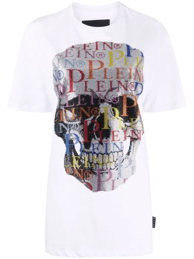 Philipp Plein Skull Rhinestone Logo T-shirt Dress In White