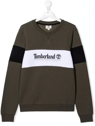 Timberland Teen Logo-print Crew Neck Sweatshirt In Green