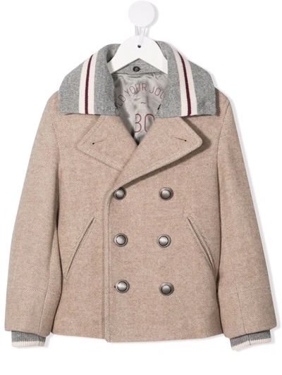 Brunello Cucinelli Kids' Contrast-collar Double-breasted Jacket In Neutrals