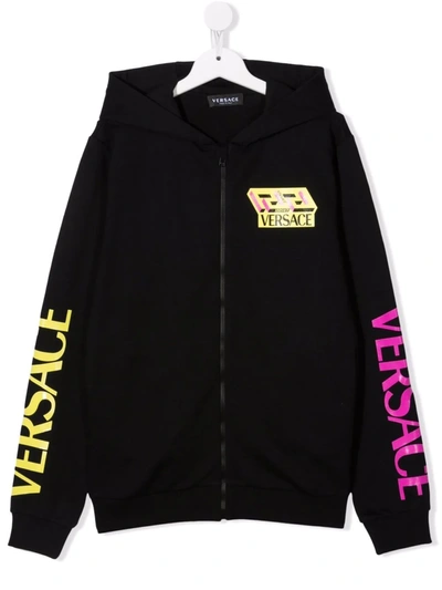 Versace Kids Black Greca & Logo Print Zip-up Hoodie In 6b570 Black+yellow+f