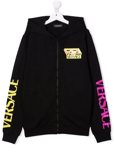 Versace Kids Black Greca & Logo Print Zip-up Hoodie