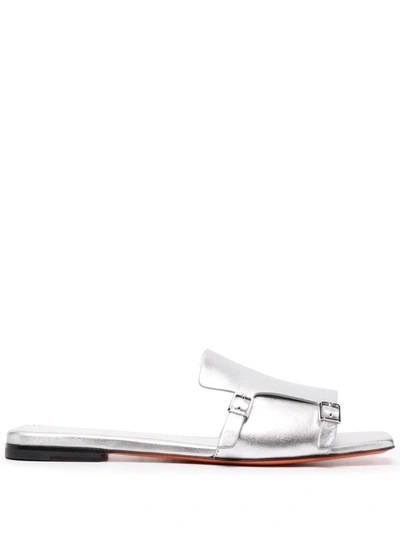 Santoni Metallic Slip On Leather Sandals In Silver