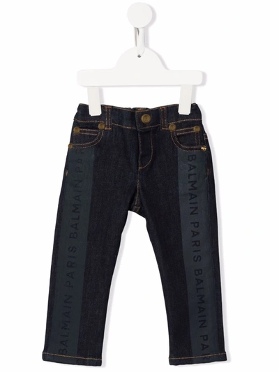 Balmain Babies' 6-pocket Jeans With Logo Bands In Blue