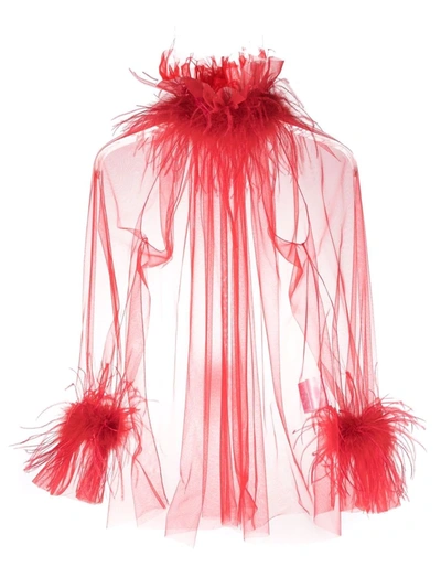 Styland Feather-trim Sheer Blouse In Red