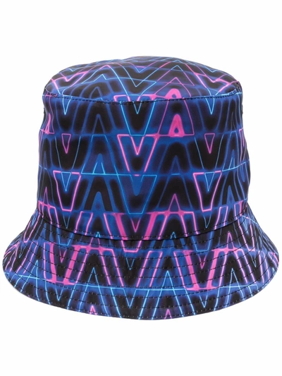 Valentino Garavani Bucket Hat With All-over V Neon Optical Print In Blue/multicolour