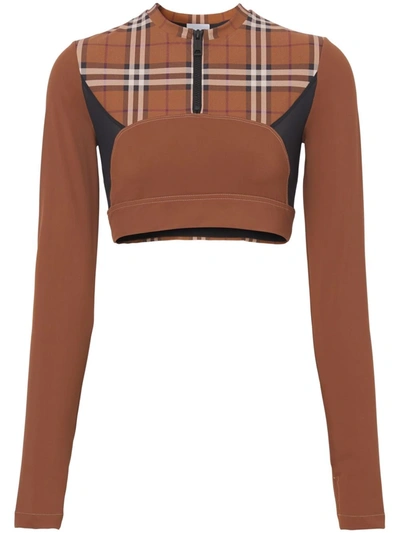 Burberry Everley Check Long Sleeve Stretch Knit Crop Top In Brown,black