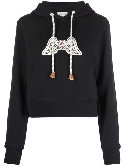 Palm Angels X Moncler Wings-logo Patch Hoodie In Black