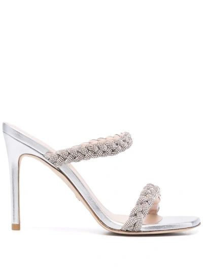 Stuart Weitzman Addison Woven Crystal Slide Sandals In Silver